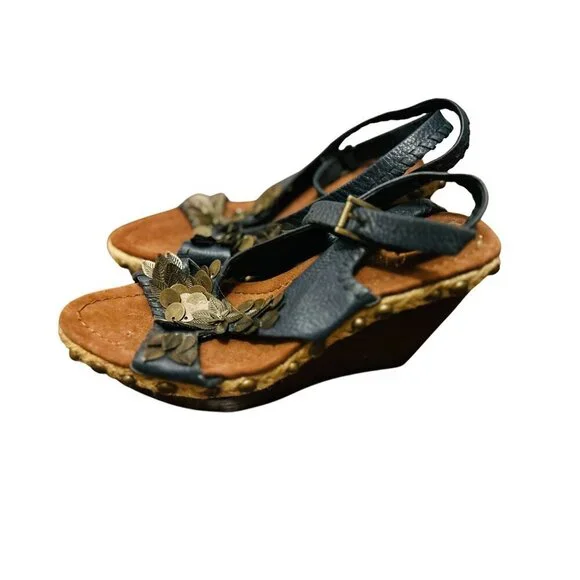 Sam Edelman Blue Leather Wedge Sandals Floral Coin Accents & Adjustable Straps - - Picture 2 of 8